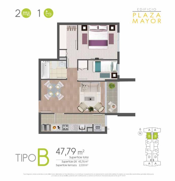 Planta Tipo B · 2 dormitorios